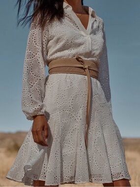 White House Black Market Eyelet Shirt Dress White Size 4 Long Sleeve Tie Waist